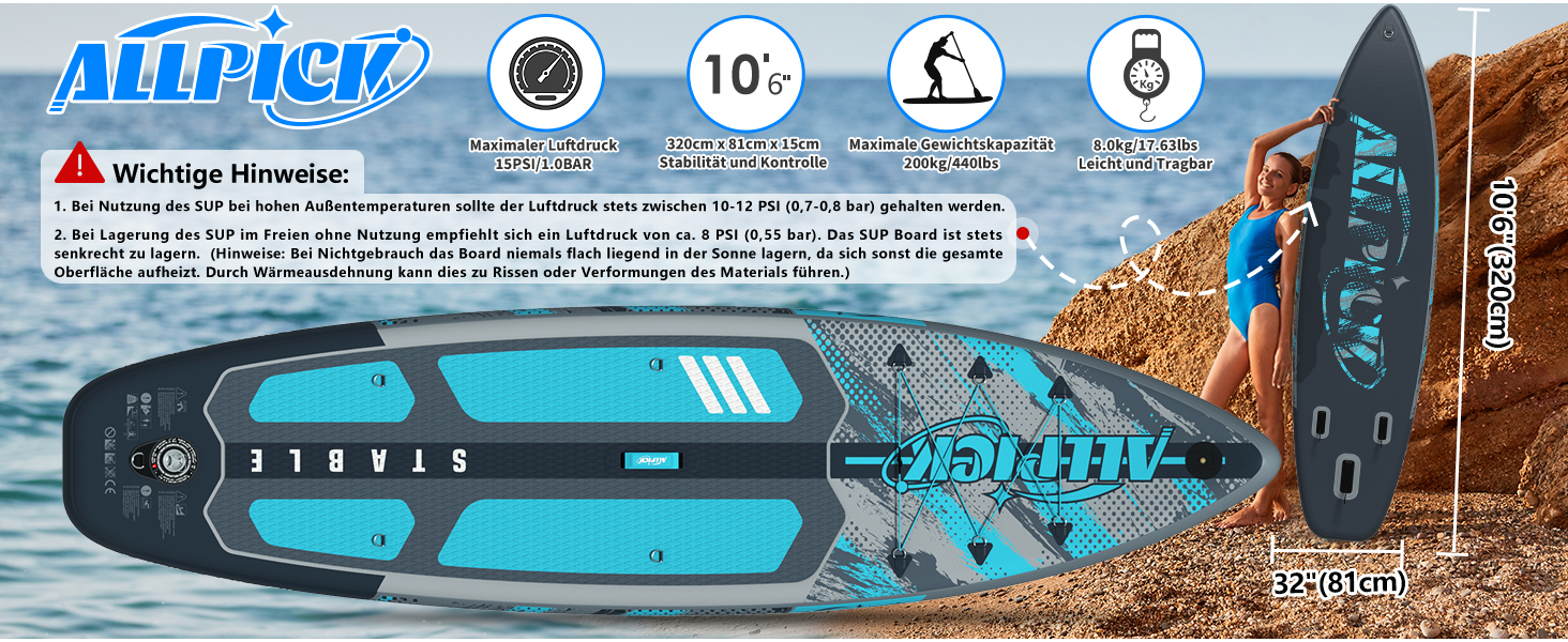 Надувний SUP Борд ALLPICK Premium Set: Комплектація для початківців та просунутих, з камерою, регульованим веслом, 200 кг, колір: ошм'ятково-блакитний