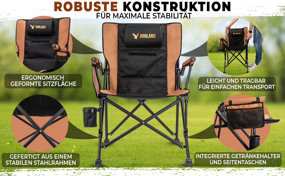 Складний туристичний стілець Ørnland для кемпінгу, риболовлі та пляжу - чорний/коричневий, до 150 кг, з кишенькою та підстаканником