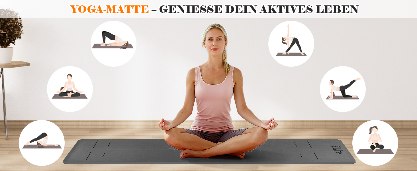 Протиковзкий килимок для йоги, пілатесу та фітнесу з еко-натурального каучуку та TPE, з лініями розмітки та ременем для перенесення, темно-сірий, 4 мм