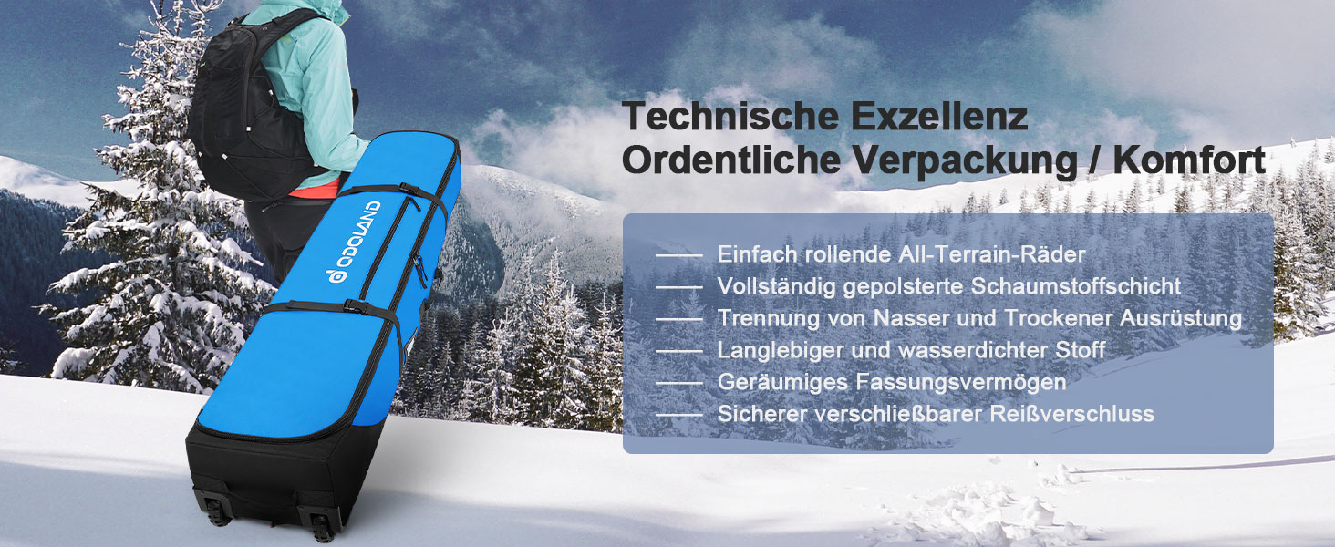 Чохол для лиж Odoland з роликами, водонепроникний, для подорожей літаком, 170 см, оранжевий