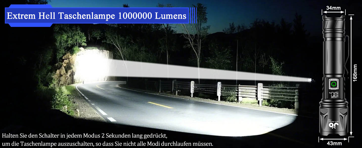 Ліхтар JAY-PARK 1000000 Люмен, перезаряджається, 5000 mAh, LCD-дисплей, 5 режимів, LED, екстремально яскравий, з зумом, дальність променя 3000м, для відпочинку на природі, кемпінгу, матовий чорний