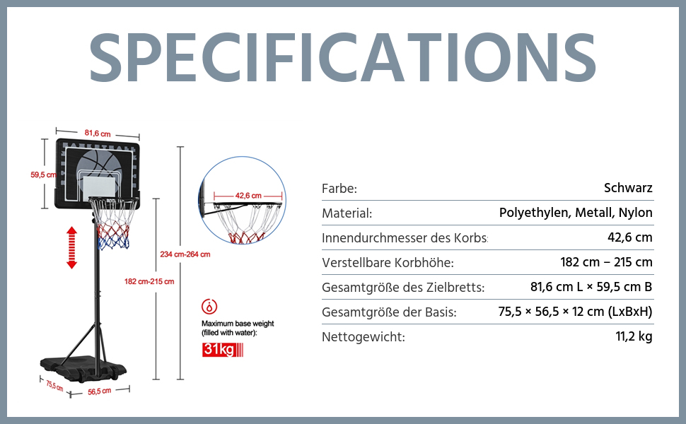 Баскетбольна стійка Yaheetech з регульованою висотою та колесами, портативна підставка для баскетбольної системи, може бути наповнена водою або піском, система кільцевих кілець для приміщення/вулиці, 264 см до максимум 75 символів.