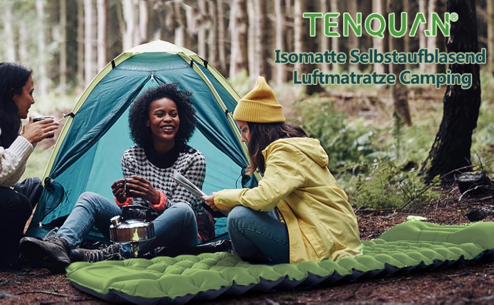 TENQUAN Килимок для кемпінгу самонадувний, 9см, для сну, відпочинку, подорожей, з насосом, для авто, намету, трекінгу, пляжу (Pfauen/Grau) (Grün)