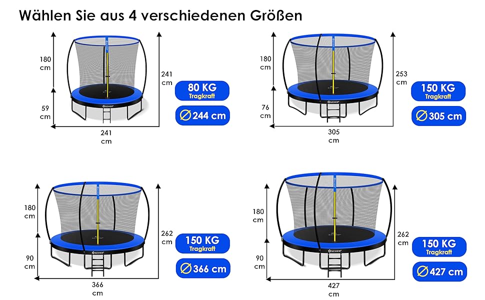 Батут KESSER Ø 244/305/366/427 см Сертифікат TV Rheinland GS Садовий батут Дитячий батут до 150 кг Комплектація з захисною сіткою, драбиною, чохлом для краю та аксесуарами (244 см, синій / чорний)