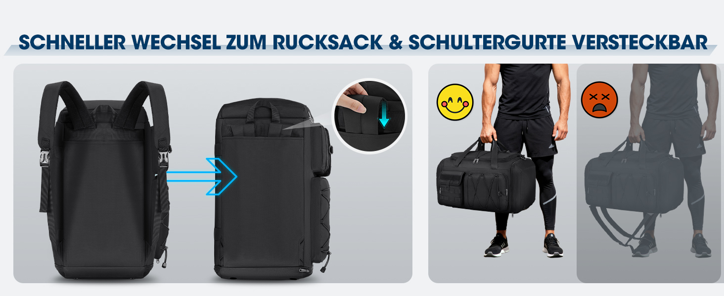 Спортивна сумка RAINSMORE 45L 3-в-1 для фітнесу та подорожей, водонепроникна дорожня сумка з відділенням для взуття та мокрих речей, чорна