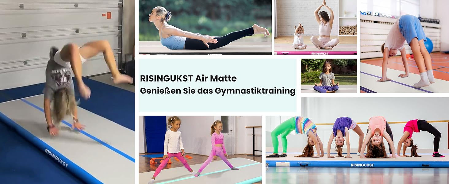 Надувна гімнастична матка RISINGUKST Air Matte Track 2/3/4/5/6м з повітряним роликом та бочкою, 10см, зелено-біла