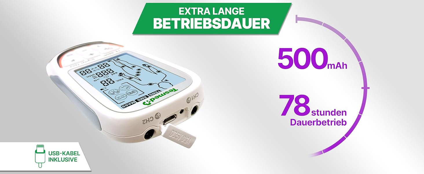 TESMED TE-880R Plus: Музелелектричний стимулятор TENS EMS, пристрій для зняття болю та масажу, 73 програми (2 налаштовуються), 8 електродів