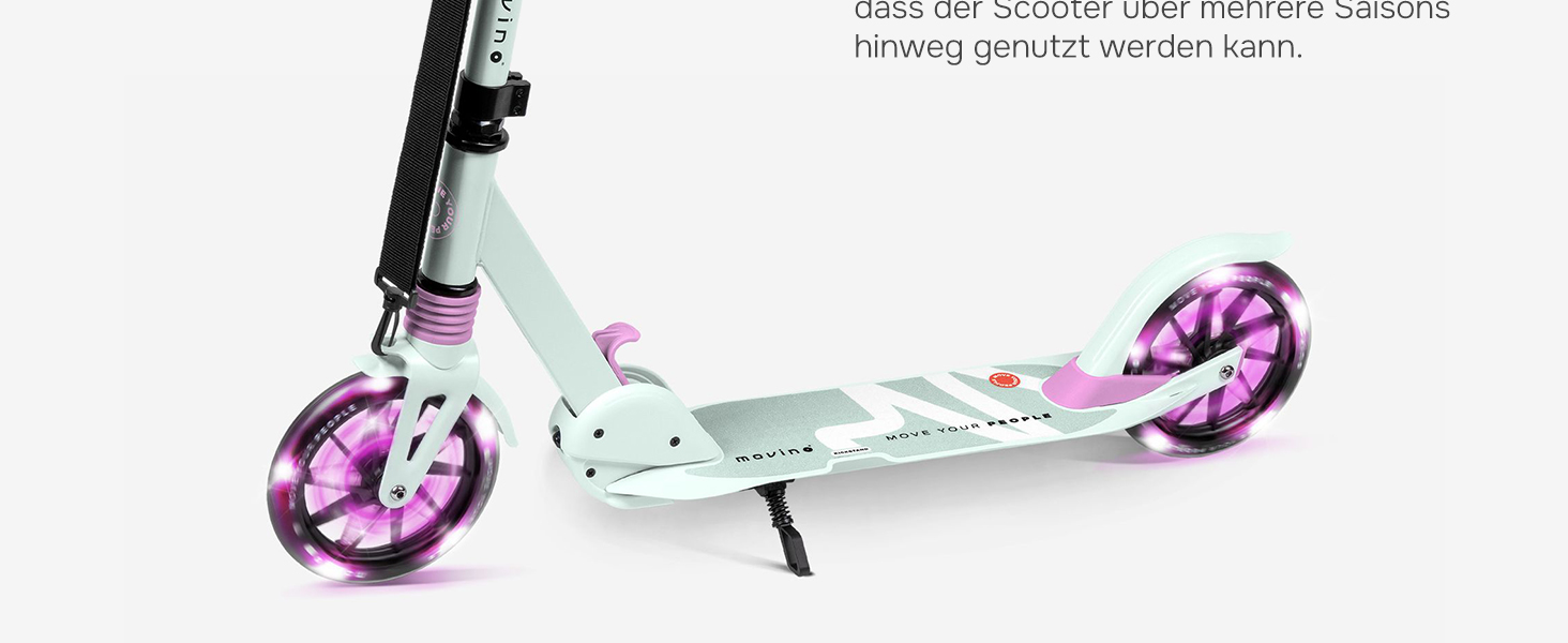 Електросамокат Movino City Light для дітей та підлітків: LED, амортизатори, колеса 180мм, регульований кермо, протиковзкі ручки (М'ятний/Рожевий)