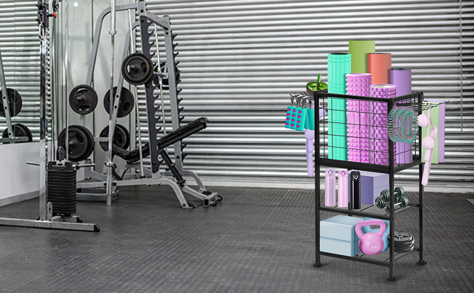 Стійка для гантелей та йога-матів LIANTRAL з колесами та гачками, чорна. Багатофункціональна стійка для зберігання спортивного обладнання для дому