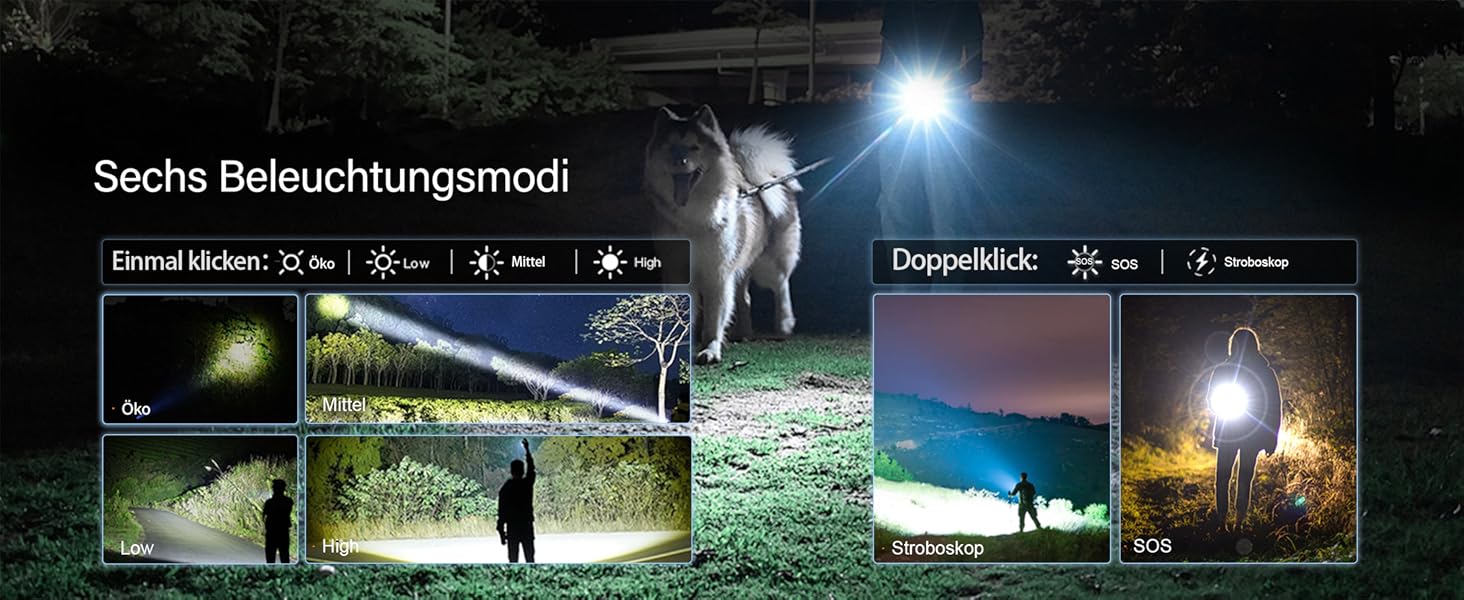 Тактичний ліхтарик ASORT 500000 люмен: USB-зарядний, Zoom, 6 режимів, водонепроникний IP67, з чохлом для кемпінгу та туризму