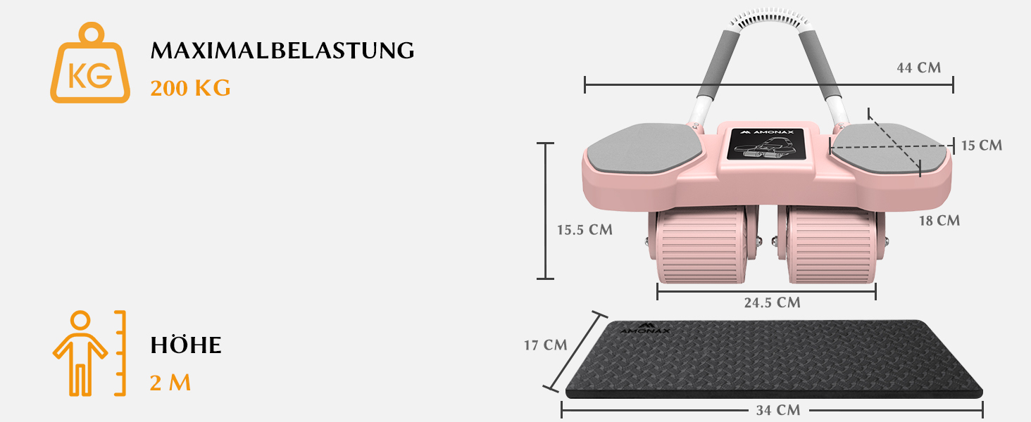 Ролер для пресу Amonax з чотирма колесами та підставкою для ліктів, автоматичний ролер для тренування пресу, ролер для пресу для чоловіків та жінок (рожевий)