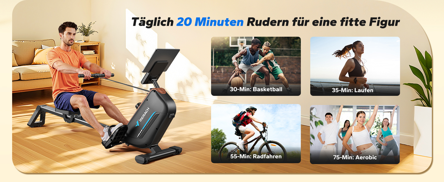 Гребний тренажер MERACH R15B2 для дому, складаний, з магнітним гальмом, тихий, з додатком, подовжені рейки, ручне регулювання