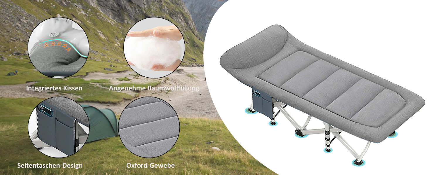 Кемпінгове ліжко Caliyo складне, з матрацом 200 x 80 x 40 см, до 200 кг, з мішком для зберігання, сірий
