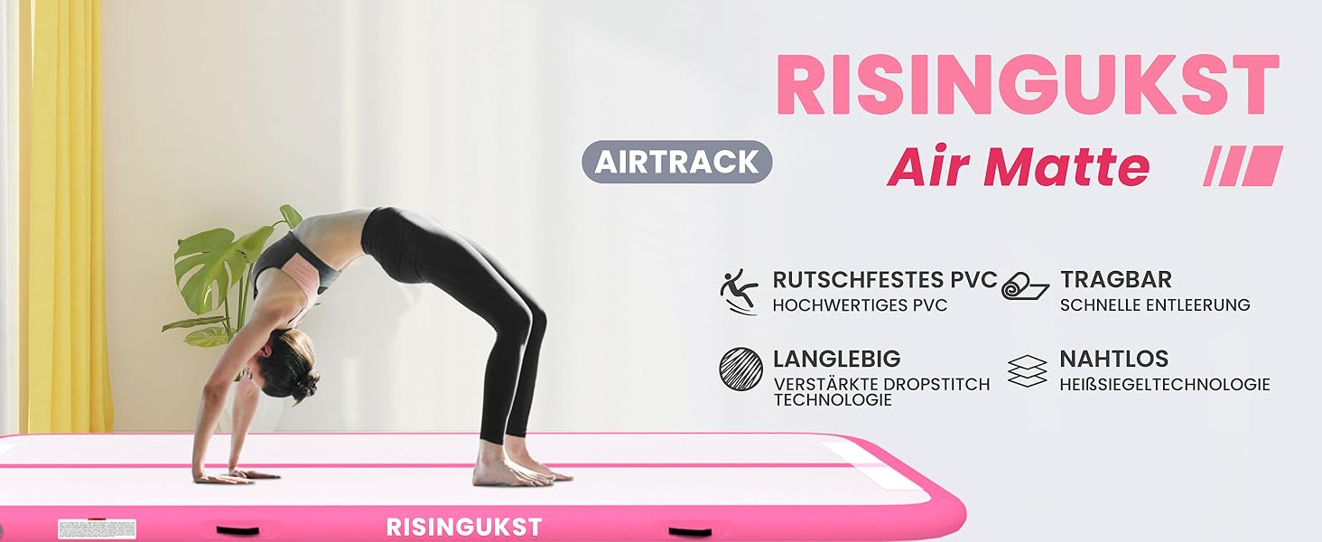 Надувна гімнастична матка RISINGUKST Air Matte Track - 300x100x10 см, 10 см заввишки, з повітряним насосом, зелено-біла (рожева)