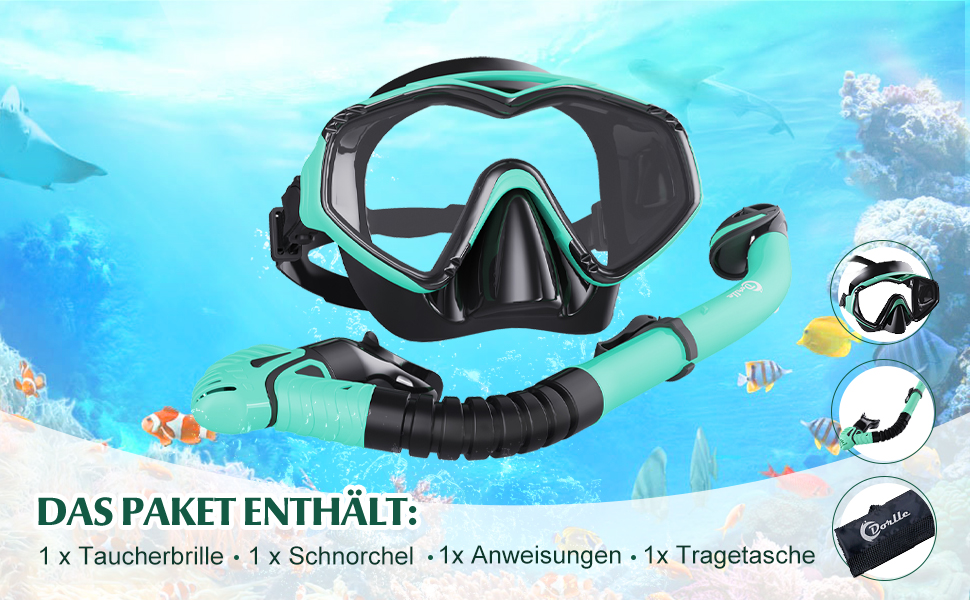 Набір для дорослих Dorlle Snorkel з преміальними окулярами для дайвінгу та загартованим склом, маскою для підводного плавання та протікання 180 Panorama & Anti-Fog & Anti-Leak для підводного плавання з сумкою для перенесення Water Green