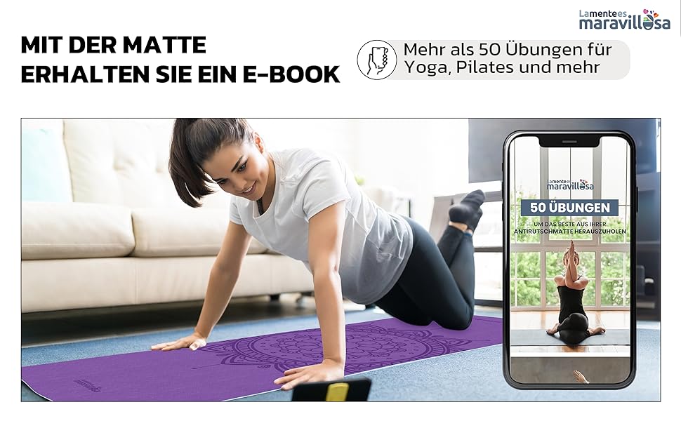 Килимок для гімнастики та йоги з неслизькою поверхнею, з чохлом та E-book, 183x61 см, Мандала фіолетовий