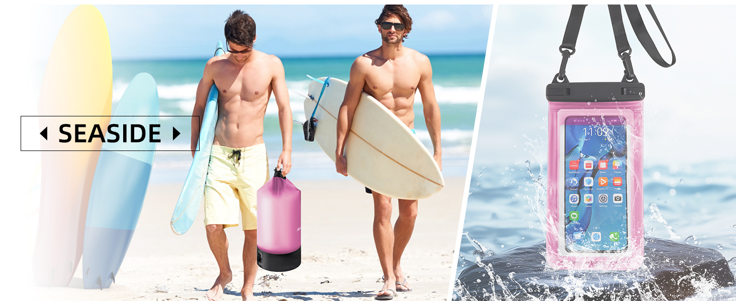 Водонепроникний сухий мішок GES 20 л Roll-Top з кишенею для телефону - для каякінгу, човнів, походів, рафтингу, плавання, кемпінгу та риболовлі (Рожевий)