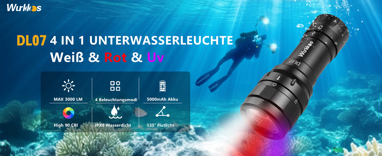Ліхтар під водою Wurkkos DL07: 3000 люмен, 100 метрів, USB, з UV/Red світлом