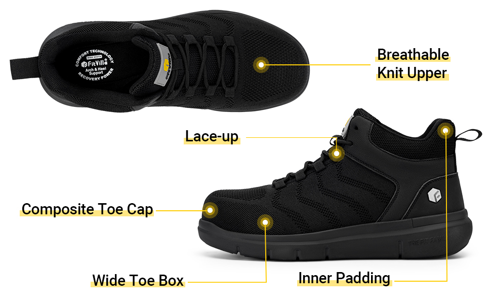 Черевики безпеки FitVille для чоловіків, X-широкі, з металевим носком, легкі, дихаючі, антипрокольні, протиковзкі, чорні, 47 EU