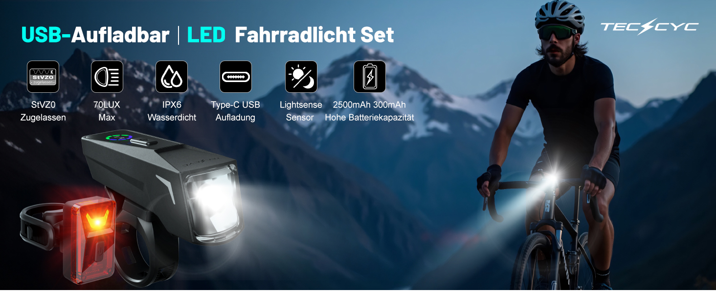 Велофара TECHCYC з датчиком освітлення, LED, до 70 Люкс, StVZO, USB, IPX6, 2500 mAh (передня) & 300 mAh (задня)