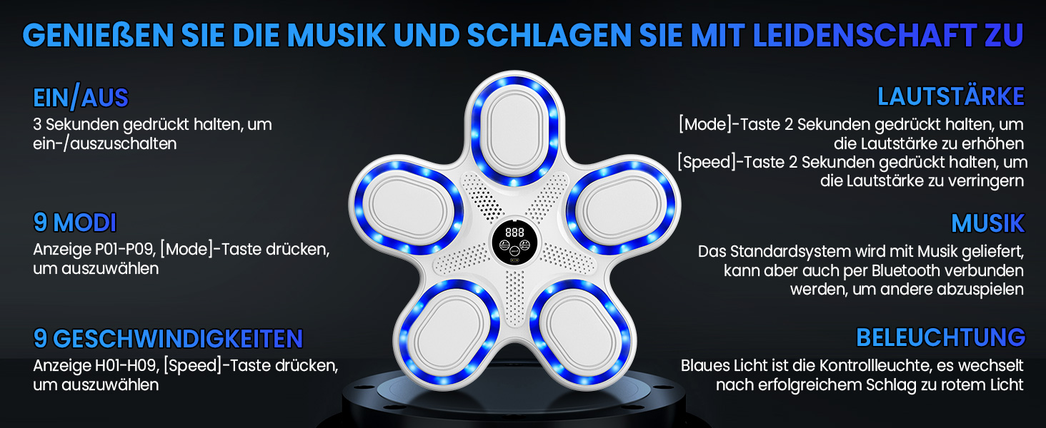 IERAKOR Музична боксерська машина з LED, Bluetooth, 9 режимів, для дітей, електронна боксерська груша з рукавичками, біла