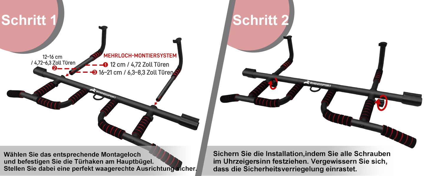 RHINOSPORT Турнік для дверного прорізу – турнік для підтягувань на двері з багатохватним грифом – без свердління, нековзке покриття до 200 кг (440 фунтів) – для дверей 65-92 см