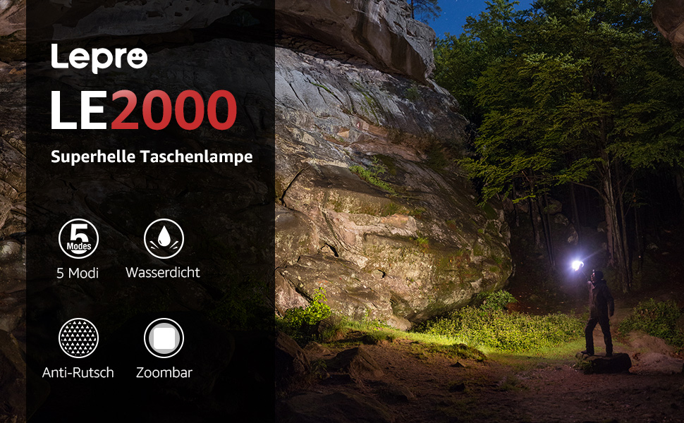 LED ліхтарик Lepro LE2000: 5 режимів, Zoom, водонепроникний, для кемпінгу, риболовлі, туризму, подарунок (2 шт.)