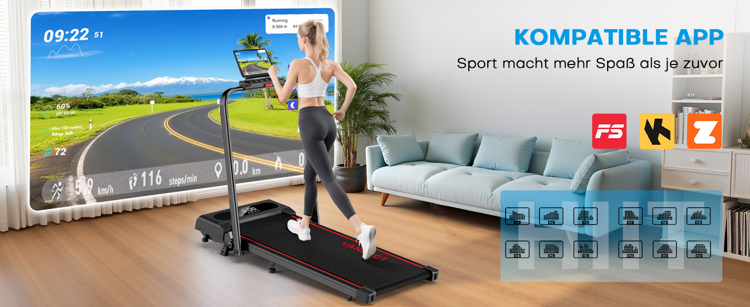 Vannect Walking Pad - складане бігове полотно для дому, 1-12 км/год, нахил 9%, LCD-дисплей, керування з пульта, додатком та ручкою, до 150 кг, чорно-синій