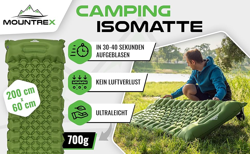 MOUNTREX Isomatte: туристичний килимок для кемпінгу, надувна матрац, легкий (700г), з насосом, зелений