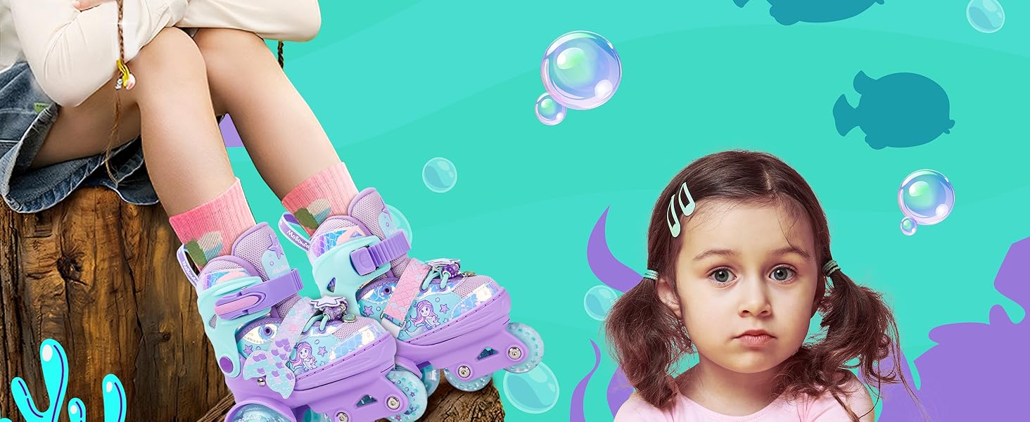 Дитячі ролики Meerjungfrau для дівчаток, 4 розміри, регульовані, з підсвічуванням, 3 колеса, фіолетовий