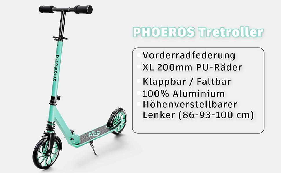 Дитячий трюковий самокат PHOEROS для дітей, підлітків та дорослих. Легкий міський самокат з алюмінію з великими колесами 200 мм, складний, 3-рівнева регулювання висоти, амортизація.