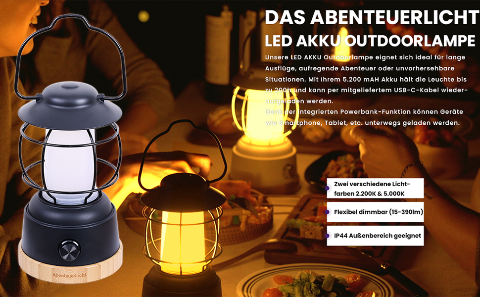 LED кемпінговий ліхтар Abenteuerlicht - вологостійка акумуляторна лампа для кемпінгу з тривалим часом роботи (200 годин), регульована яскравість, 2 колірні температури, 390 люмен, USB-зарядка