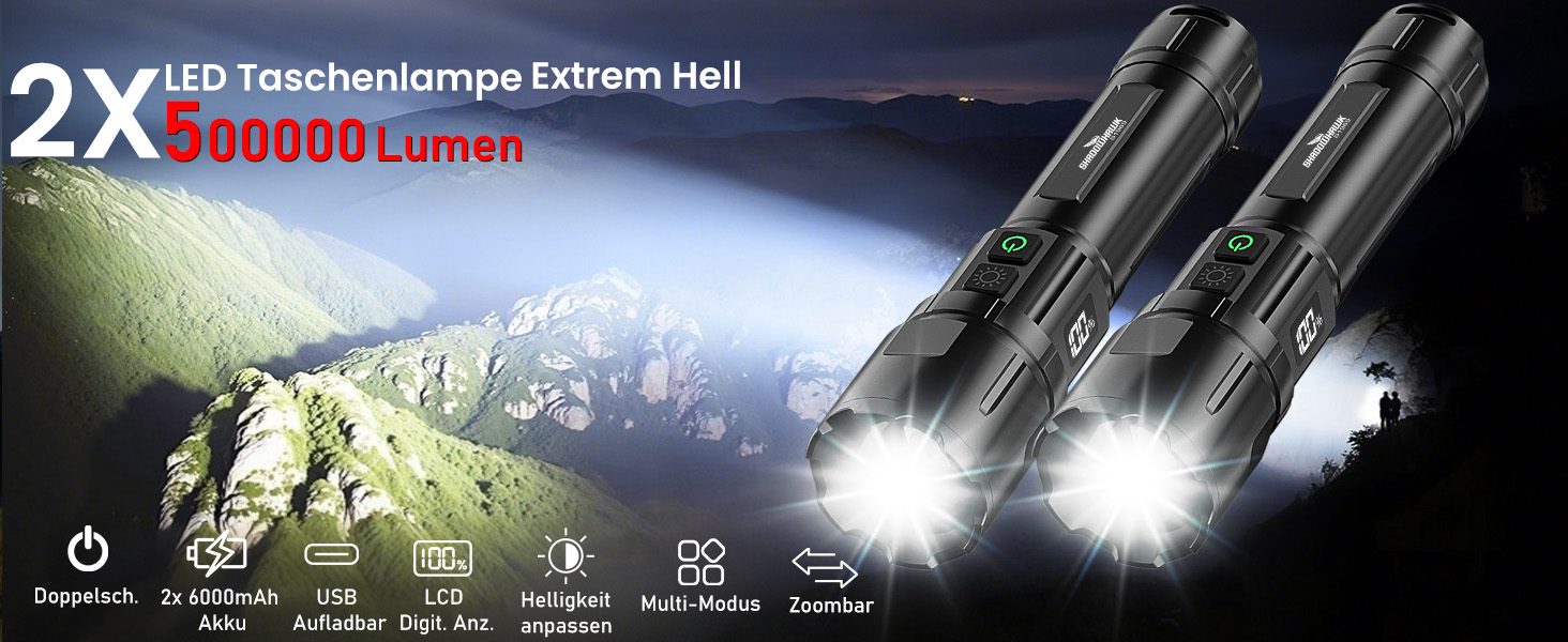 Ліхтарик Shadowhawk LED акумуляторний 2 шт. | Тактичний ліхтарик (2 вимикачі) 500000 люмен, до 1000 м, 12 годин роботи, для кемпінгу/походу/відпочинку на природі, регульована яскравість, чорний