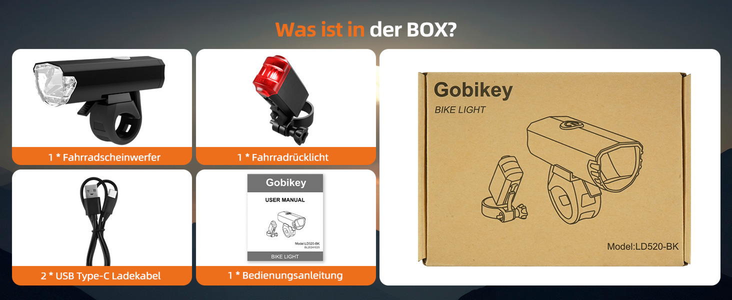 Набір переднього та заднього велоліхтаря LED USB, StVZO, IPX6, чорний+червоний