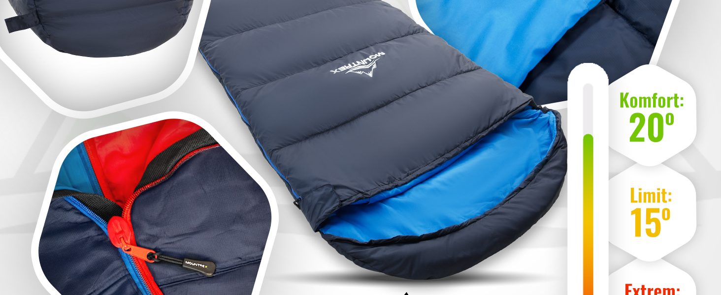Сплячий мішок MOUNTREX® - компактний та ультралегкий (760г/1500г) - Outdoor спальний мішок для літа (100GSM) / 3-4 сезони (300GSM) - Мумієподібний спальний мішок – кемпінг, подорожі, фестивалі – теплий та з'єднуваний, темно-синій/синій