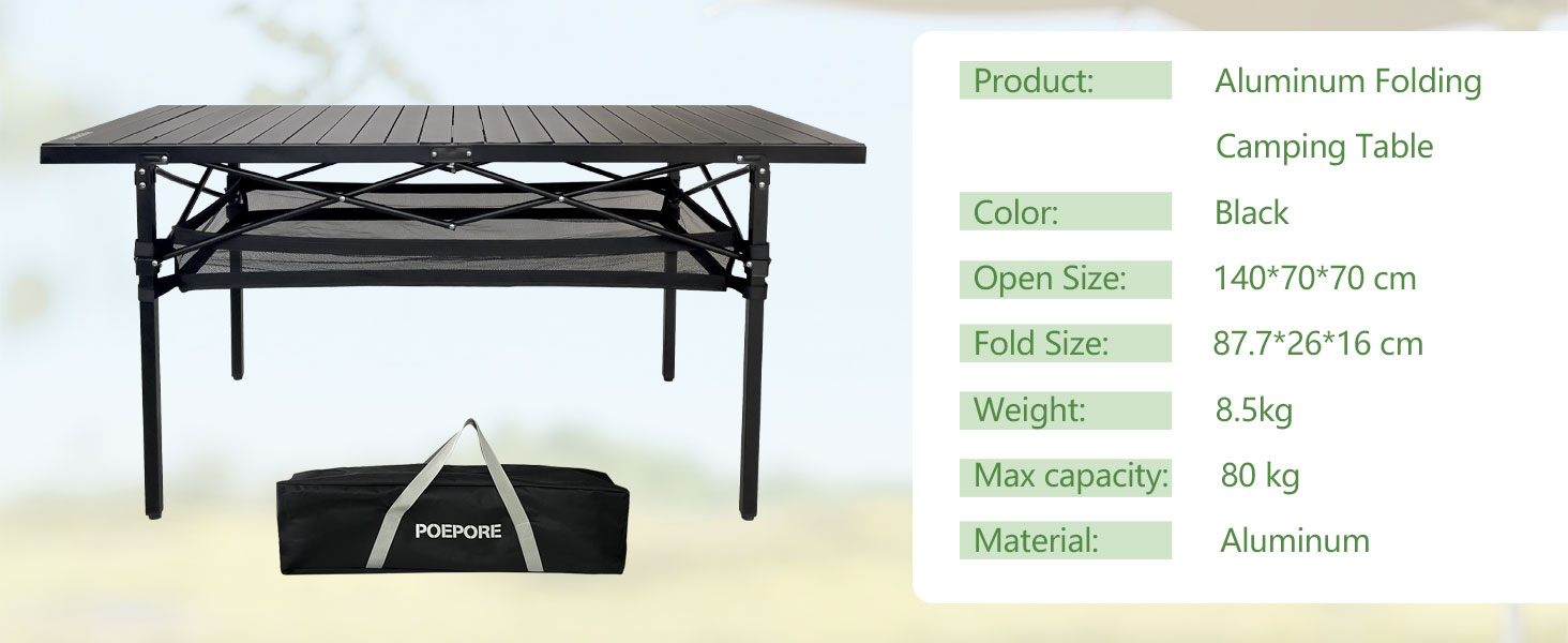 Розкладний туристичний стіл Poeopore для кемпінгу, 140x70x70 см, чорний, на 4-6 осіб