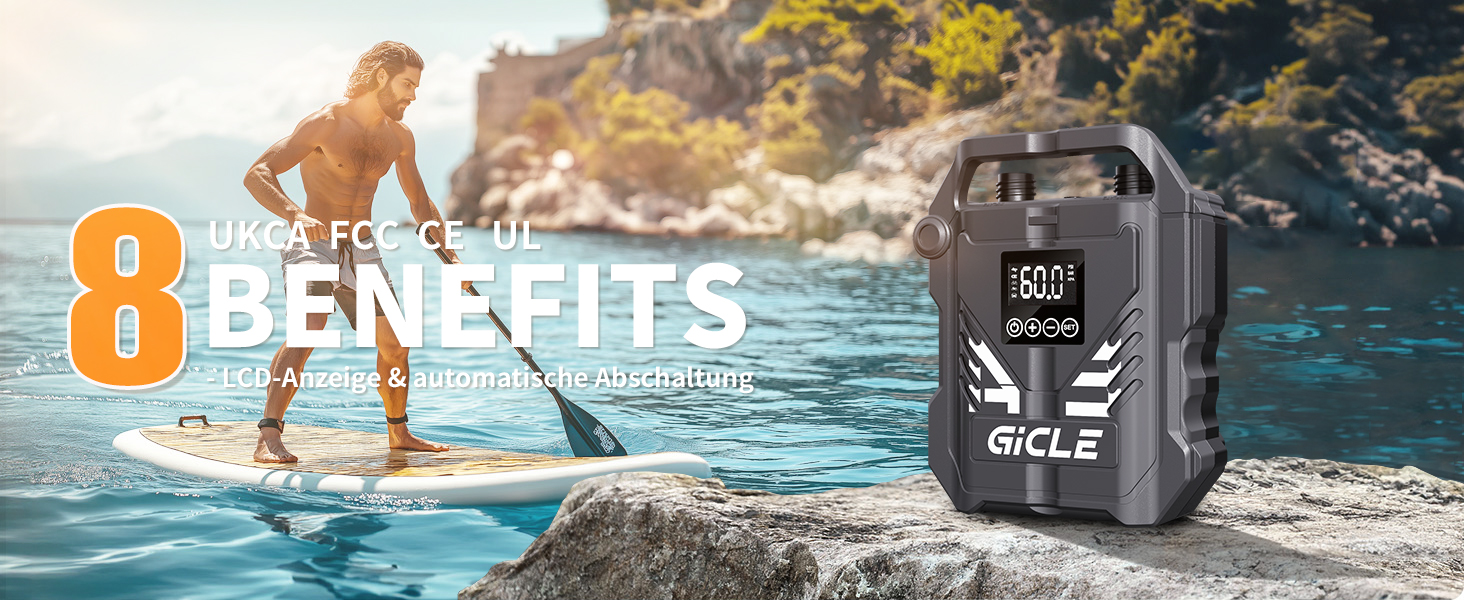 Електричний насос GICLE 60PSI для SUP, SUP-дошок, надувних човнів, велосипедів та наметів. Двоступеневий, швидка підкачка 12V