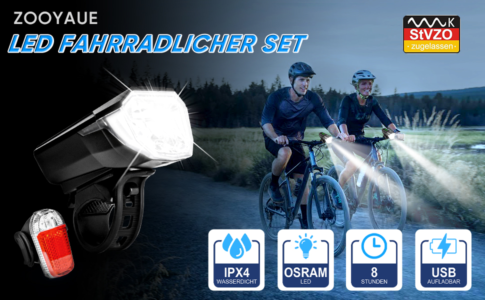 LED набір велосипедних фар 100 LUX, StVZO, USB заряджання, водонепроникний IPX4, передня та задня фара з індикатором заряду