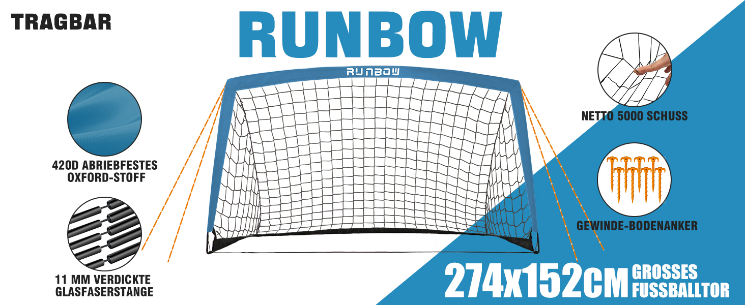 Ворота для футболу RUNBOW для дітей, портативні, для двору, дитяче тренування, з сумкою, 2.7 x 1.5 м (Сіро-блакитний)