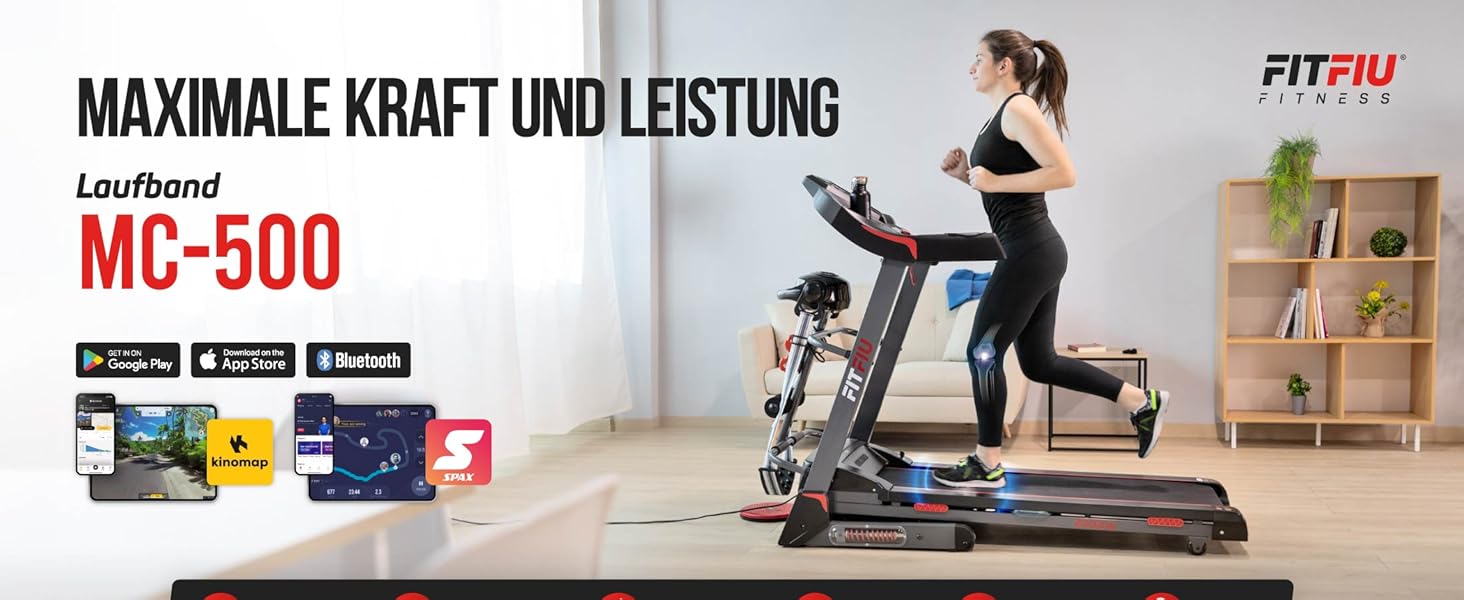 Біговий тренажер FITFIU Fitness MC-500 зі складною конструкцією, автоматичним нахилом, 18 км/год, пульсометром, Bluetooth та підключенням до додатків (Kinomap, Spax, Zwift), площа бігового полотна 41x123 см, максимальне навантаження 120 кг