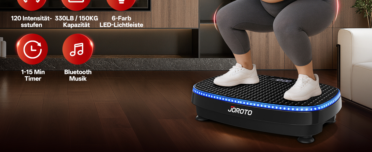Віброплатформа JOROTO JV50/JV60 з 3 моторами, 4D вібрація, Bluetooth, LED-підсвітка для дому, до 158 кг, 10 режимів та 120 рівнів