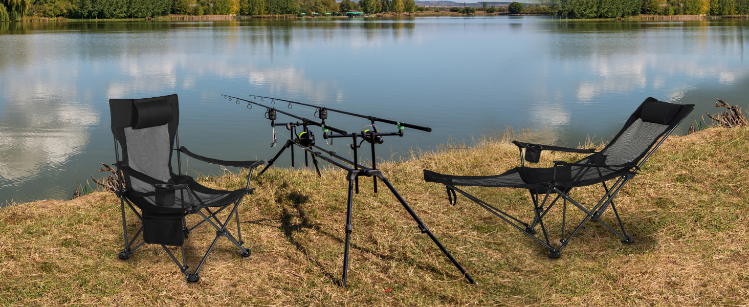Складний стілець для кемпінгу eSituro, риболовний стілець, стілець для відпочинку на природі з підставкою для ніг та тримачем для напоїв, пляжний стілець з регульованою спинкою (Чорний)