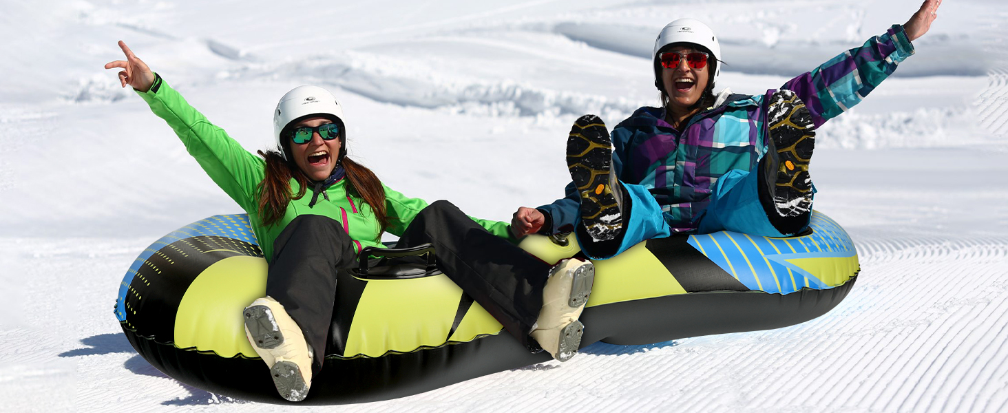 Надувний сніговий тюб з буксирувальною лінією, 47-49-68 дюймів. Міцний корпус, зносостійкий та морозостійкий матеріал. Зимовий спорт для дітей та дорослих. Подвійне сидіння 68 дюймів