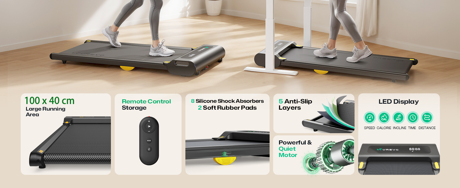 UREVO Smart Walking Pad - компактний тихий біговий тренажер з амортизацією, додаток для фітнесу, для дому/офісу, 2.5 PS (Чорний)