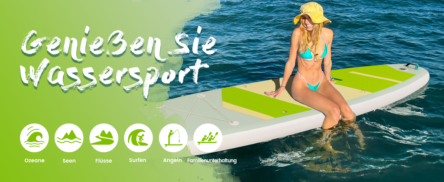 Надувний SUP Paddleboard FunWater для дорослих. Комплект: весло, насос, рюкзак, лінія. Зелено-білий колір