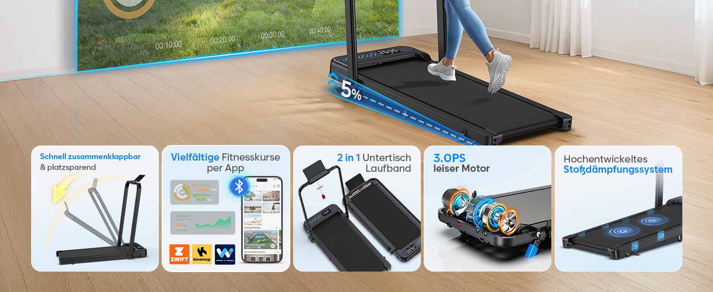 Тренажер для дому 2-в-1 Laufband Klappbar зі складним механізмом, нахилом, LED-дисплеєм, потужністю 3.0PS, для дому та офісу, до 145 кг, без встановлення, чорний