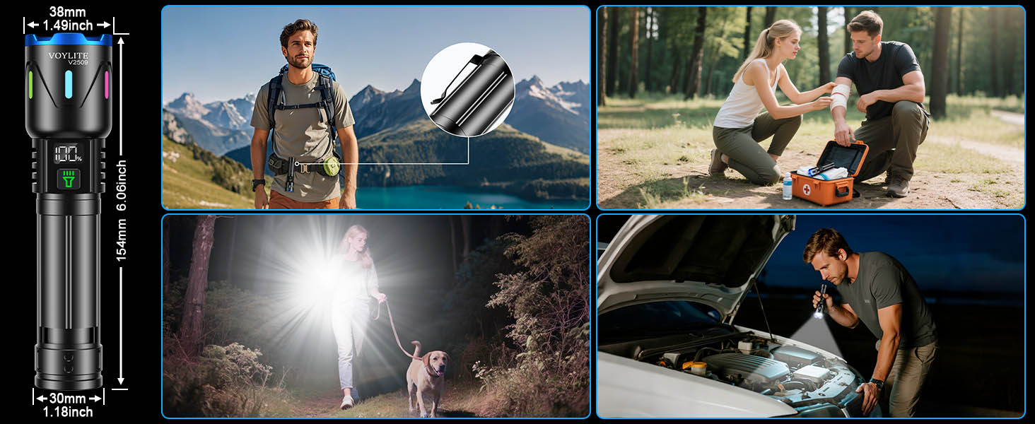Ліхтар налобний LED перезарядна Voylite 500000 Люмен, 5000 mAh, LCD-дисплей, 3 режими, Zoom, для кемпінгу та відпочинку на природі, матовий чорний