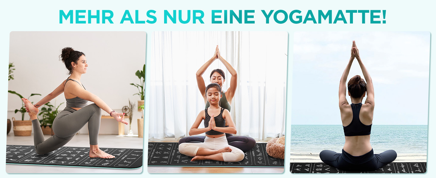 Килимок для йоги спортивний – 70 надрукованих поз, неслизький матеріал TPE, для гімнастики, пілатесу, дому та подорожей, фітнес килимок для жінок та чоловіків, 181x63x0,6 см (зелений та чорний)