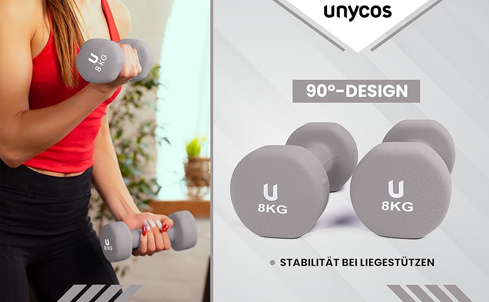 Неопренові гантелі unycos 2 x 8 кг, набір для чоловіків і жінок, круглі, протиковзкі, антироликовий дизайн, зручна ручка, для фітнесу, пілатесу, силових тренувань, світло-сірі