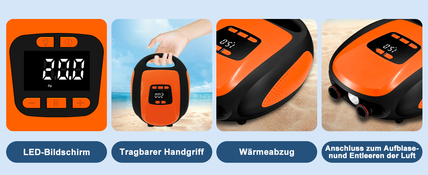 Електричний насос для SUP-дошки та надувних човнів 20 PSI з інтелектуальною двоступеневою функцією автовимкнення, помаранчевий